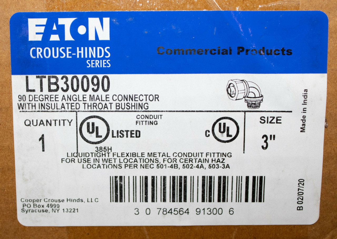 Eaton Crouse Hinds LTB30090 90 Degree Angle Male Connector w/Insulated Throat Bushing 3in Liquidtight