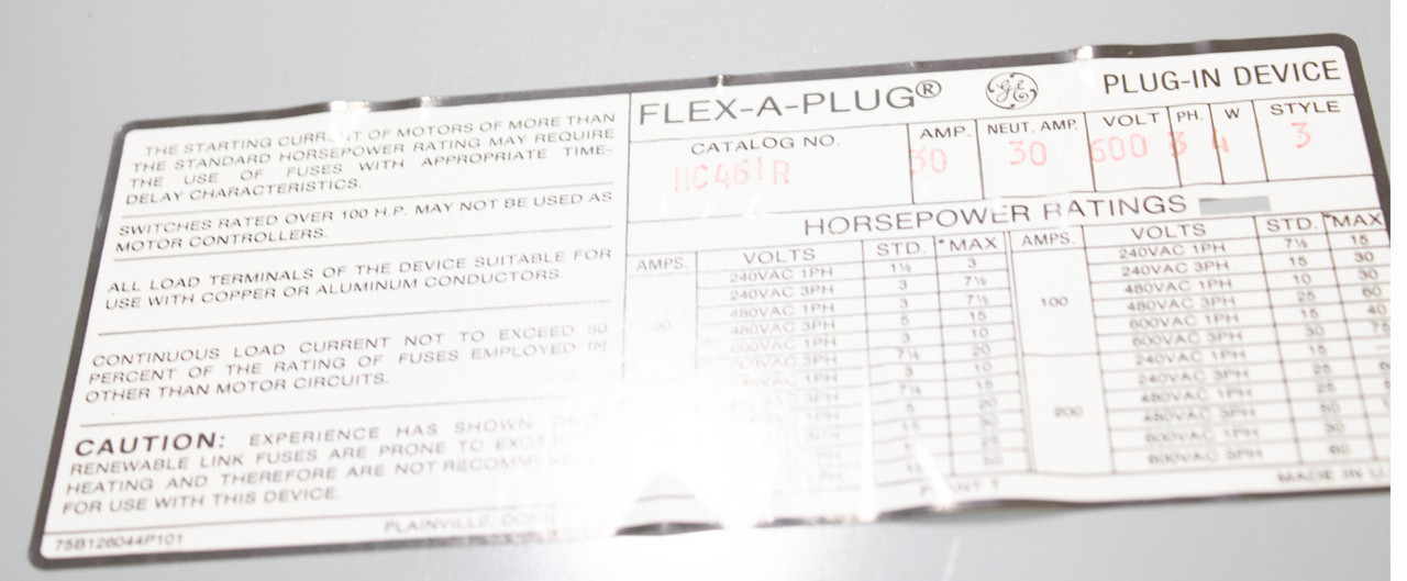 General Electric AC461R Bus Plug 30A 600V 3P 3PH Fusible Safety Switch Style 3