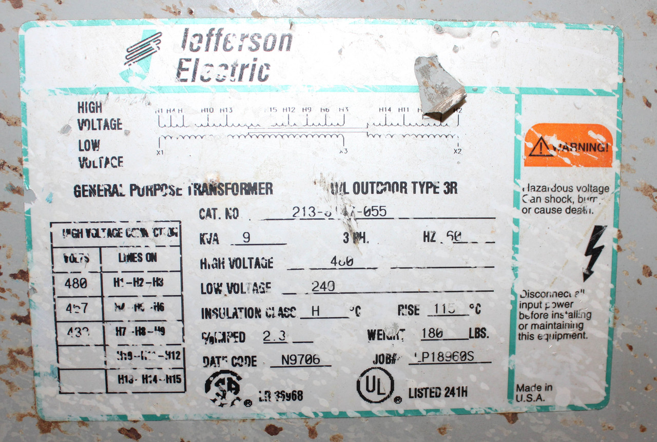 Jefferson Electric 213-0147-055 Transformer 480V 240V 9 KVA 3PH General Purpose
