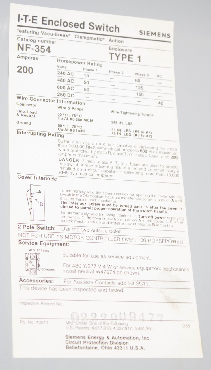 Siemens NF-354 Disconnect Safety Switch 200A 600V 3P 3PH ITE Indoor Heavy Duty