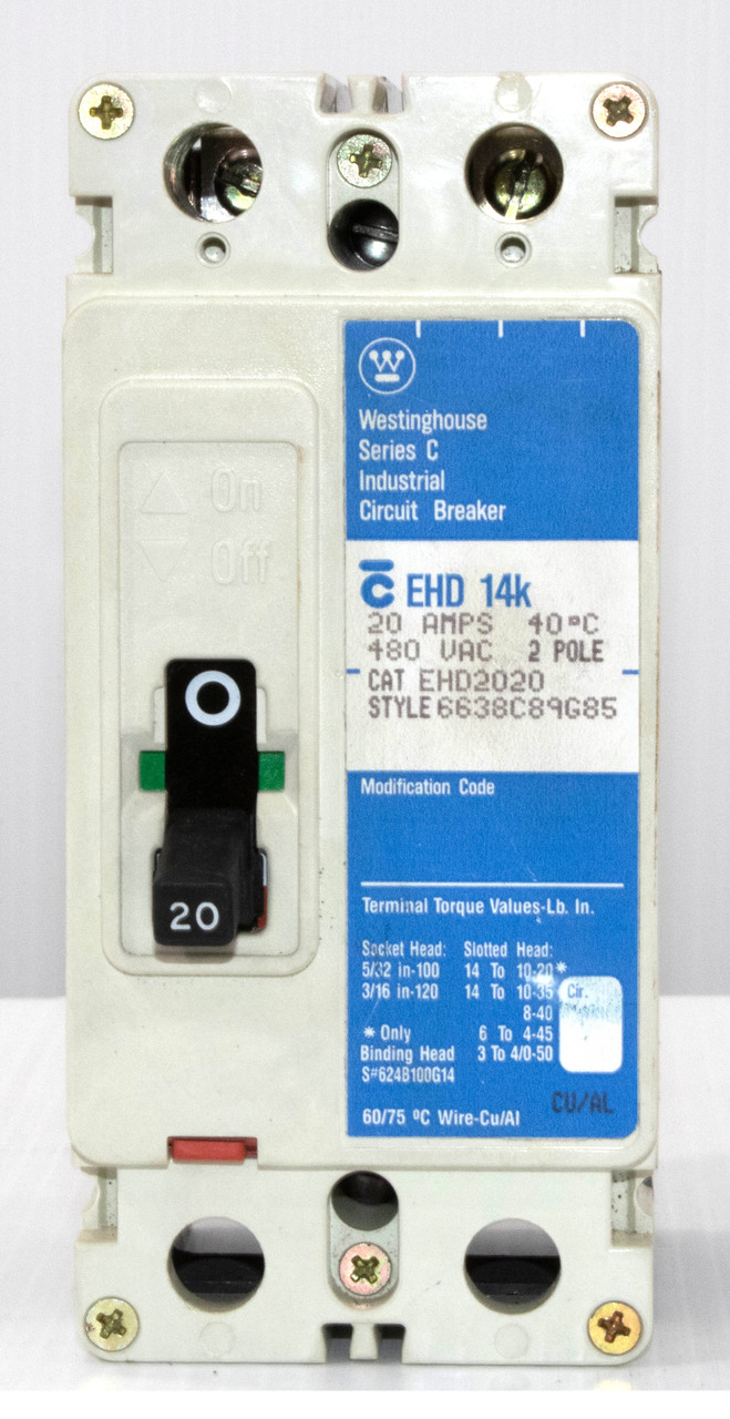 Westinghouse EHD2020 Breaker 20A 480V 2P 14KA Style 6638C89G85