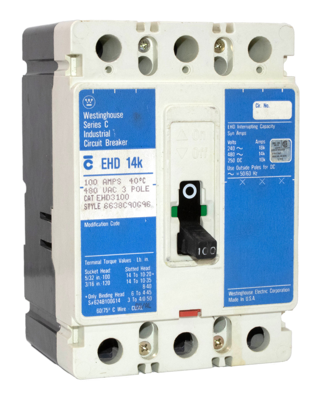 Westinghouse EHD3100 Breaker 100A 480V 250VDC 3P 14kA EHD Thermal Magnetic Trip