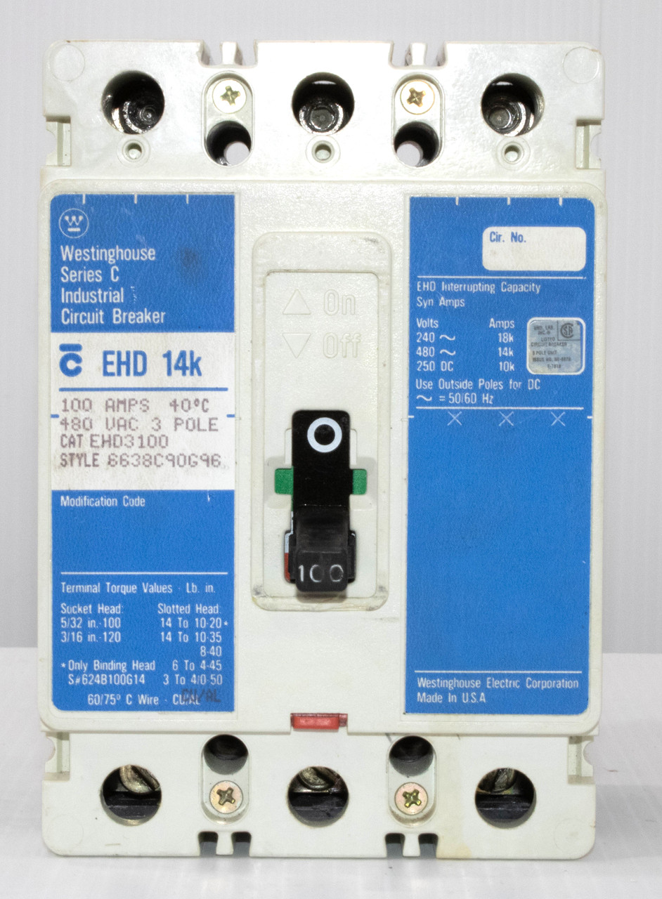 Westinghouse EHD3100 Breaker 100A 480V 250VDC 3P 14kA EHD Thermal Magnetic Trip