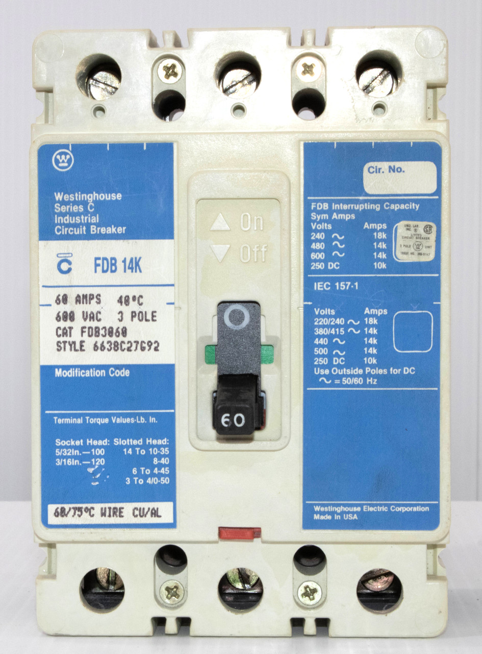 Westinghouse FDB3060 Breaker 60A 600V 3P 14KA FDB Fixed Magnetic Trip
