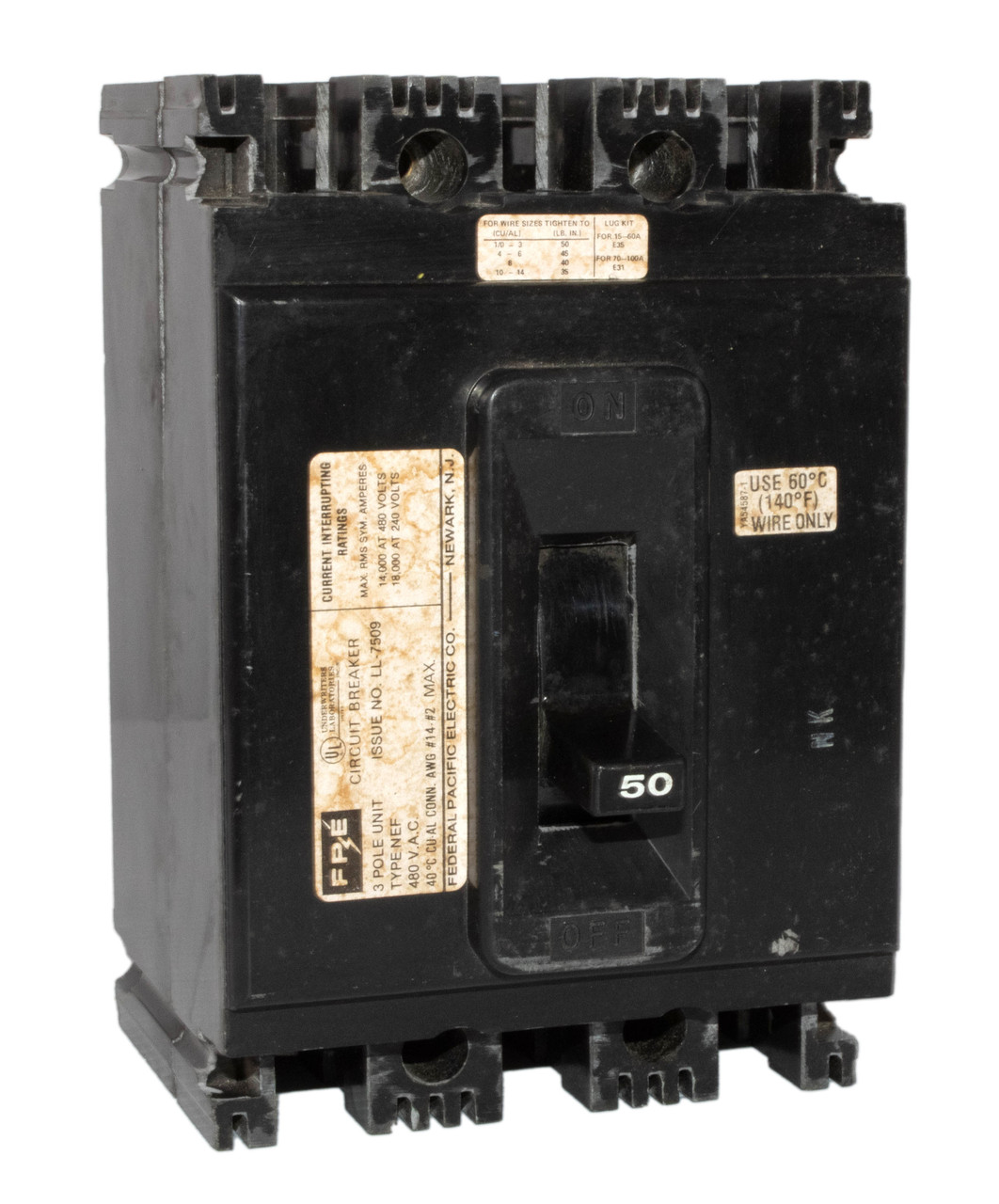 Federal Pacific NEF431050 Breaker 50A 480V 3P 14KA Thermal Magnetic