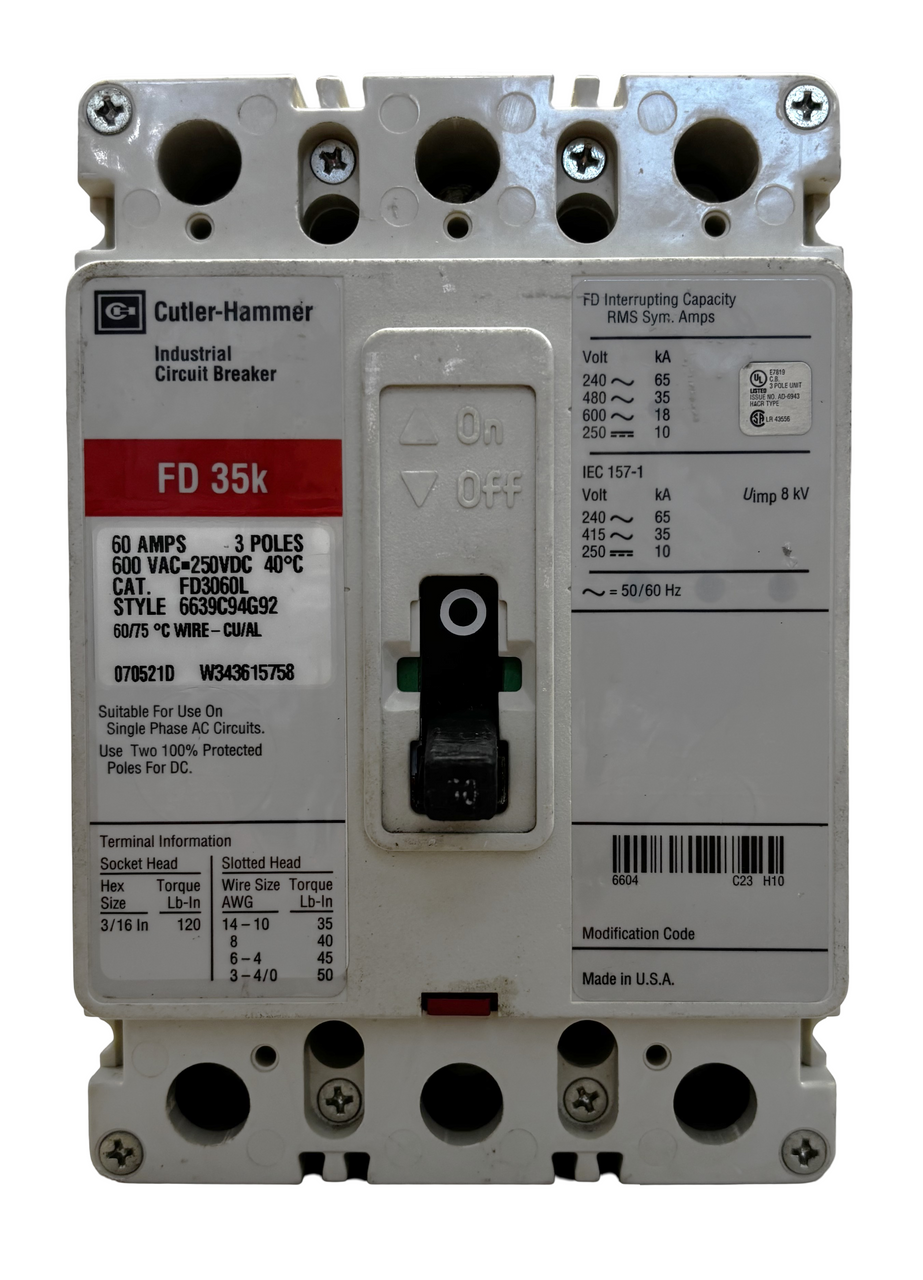 Cutler Hammer FD3060L Circuit Breaker | 60A | 3P | 600V AC | 35kA @ 480V | FD Frame | MCCB | UL Listed