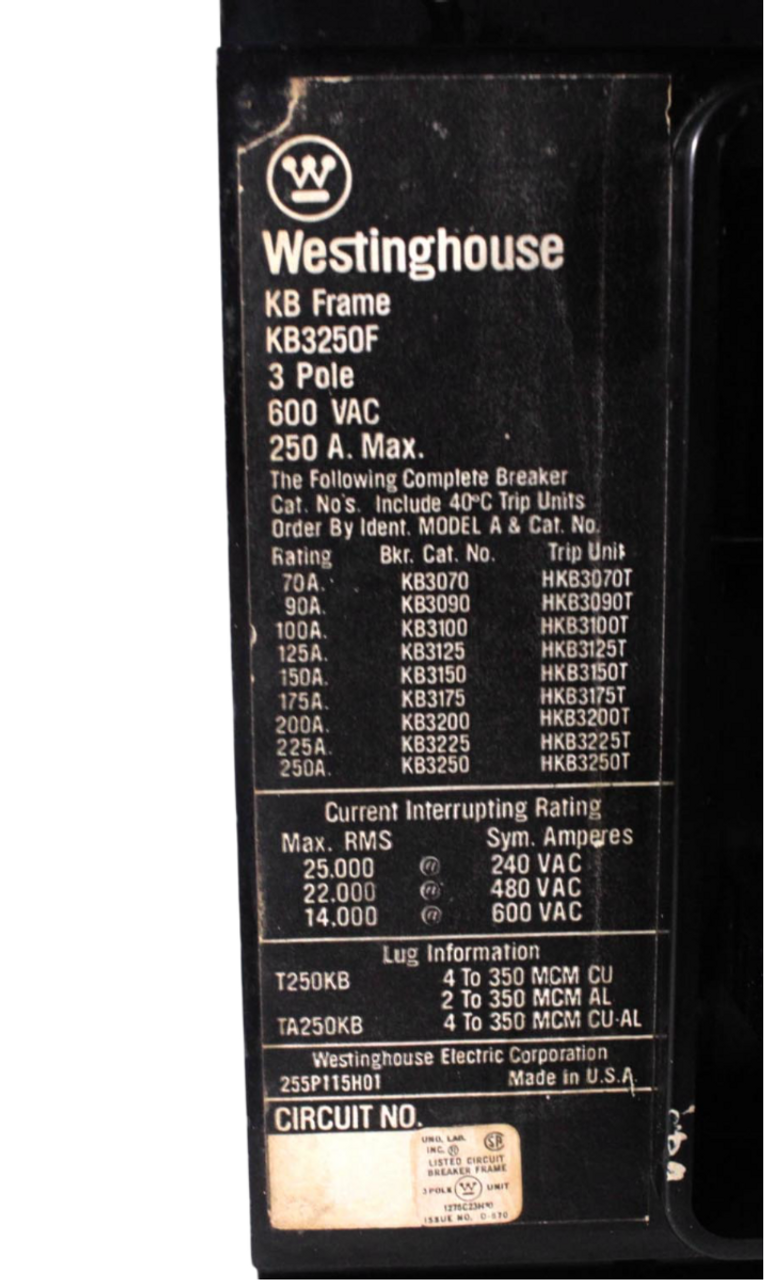Westinghouse KB3250F Frame W/HKB3100T Trip Adjustment 100A 600V 2P 1PH 14KA