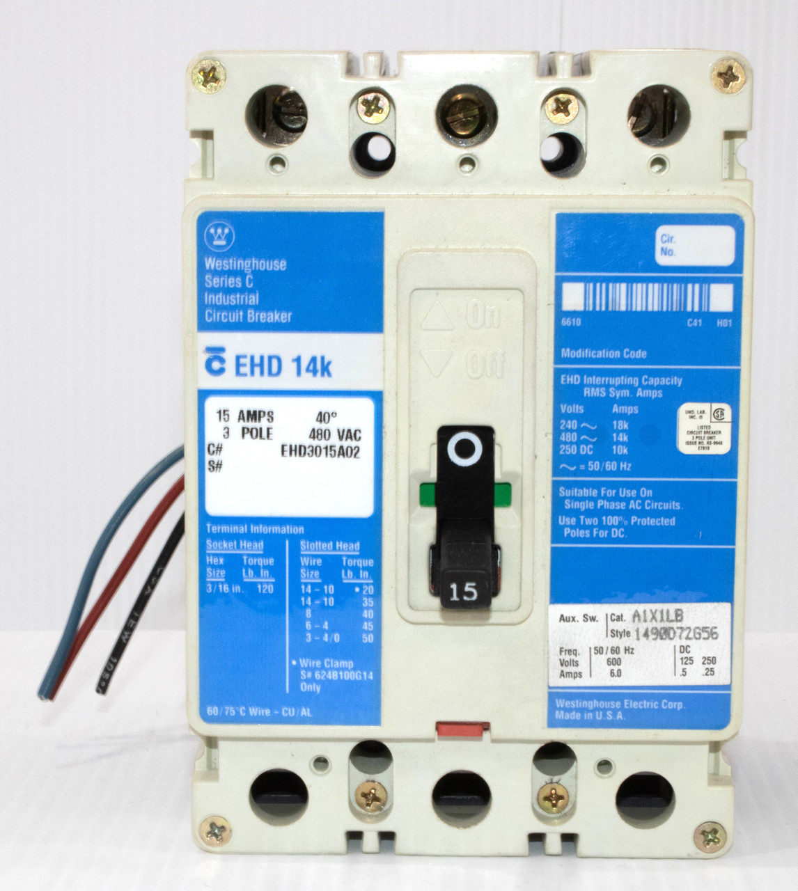 Westinghouse EHD3015A02 Breaker 15A 480V 3P 3PH 14KA AUX Fixed Magnetic Trip