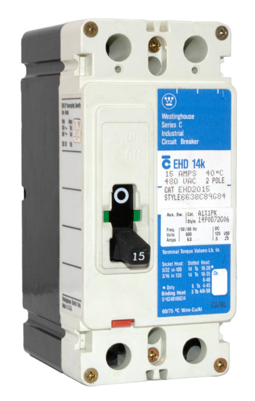 Westinghouse EHD2015 Breaker 15A 480V 2P 14KA Fixed Magnetic Trip