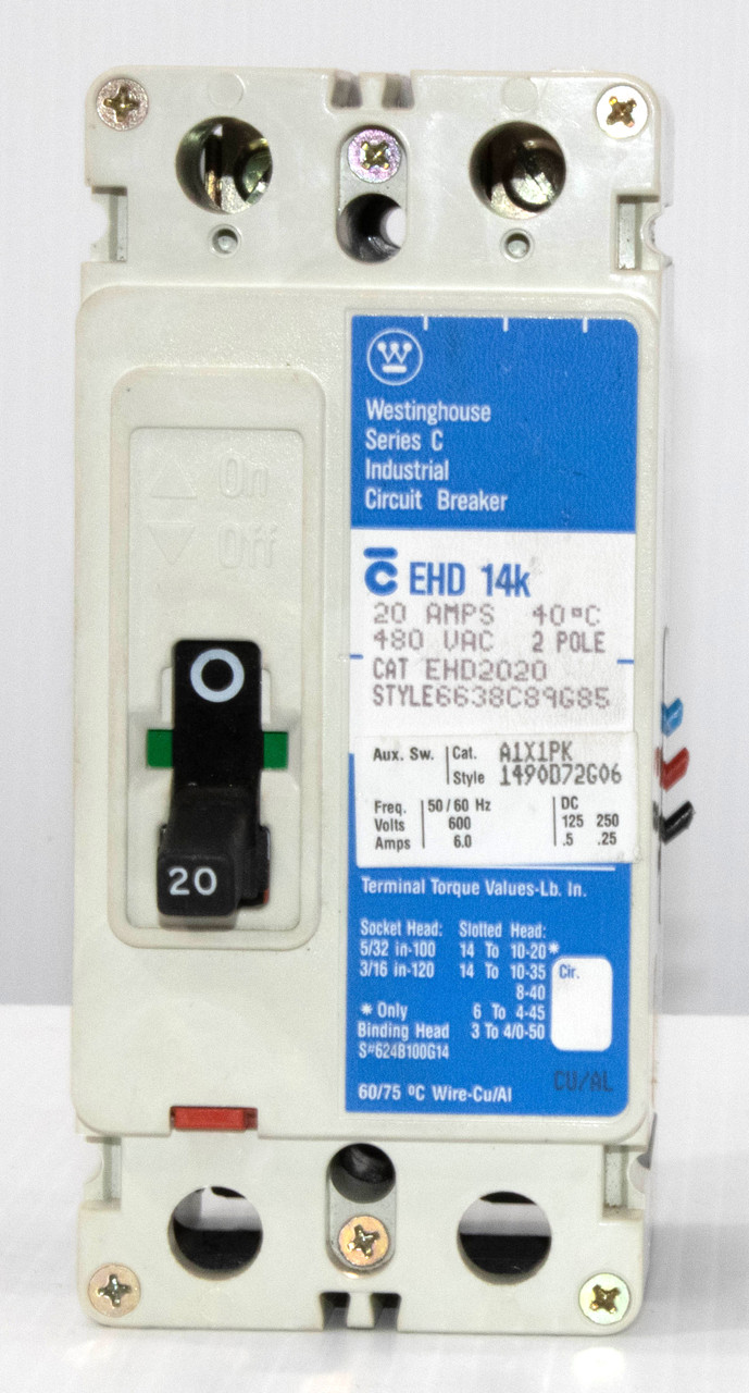 Westinghouse EHD2020 Breaker 20A 480V 2P 14KA Auxiliary Style 6638C89G85