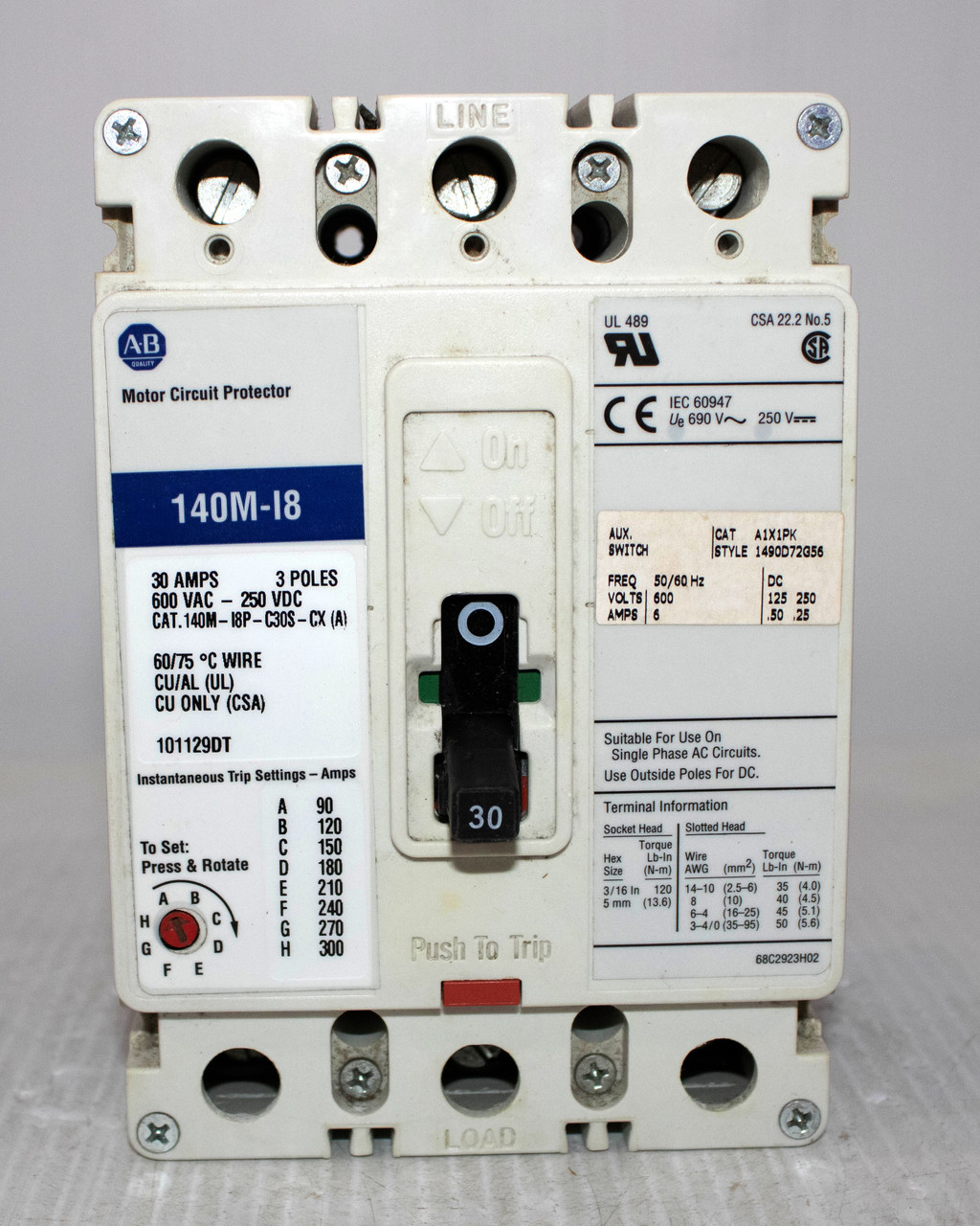 Allen-Bradley 140M-I8P-C30S-CX Breaker 30A 600V 3P Motor Circuit Protector