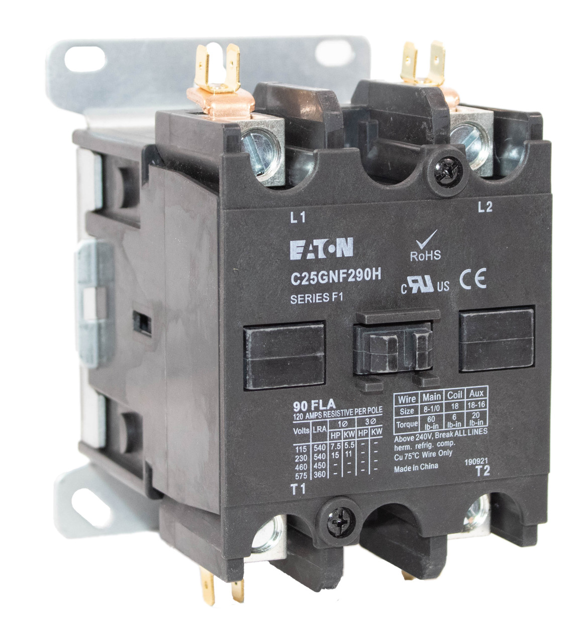 Eaton C25GNF290H Contactor 90A 600V 2P 1PH Definite Purpose