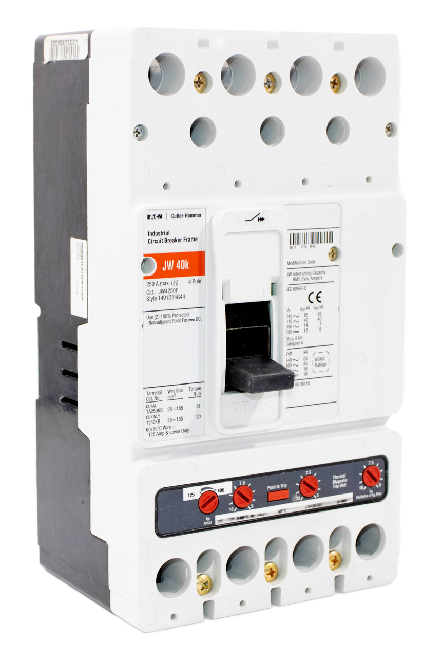 Cutler Hammer JW4250F Breaker 100-125A Adjustable Trip 600V 4P 3PH 18kA