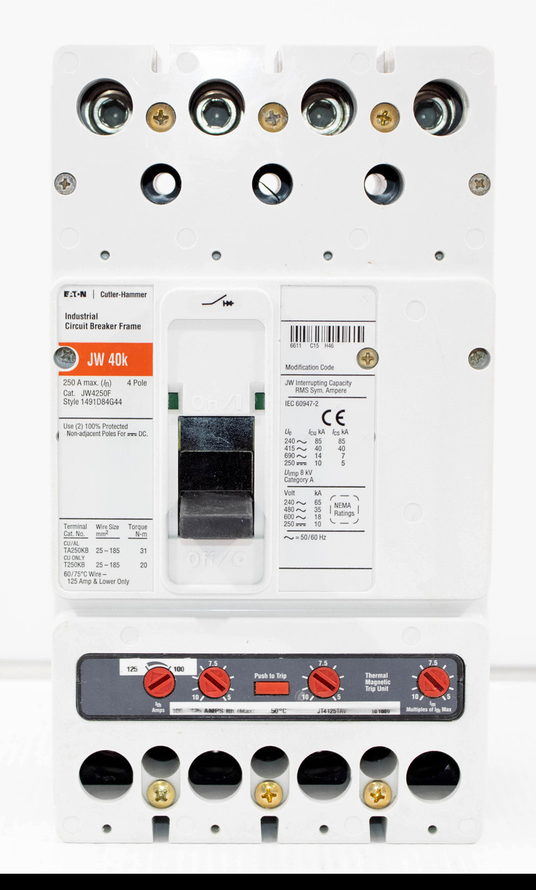 Cutler Hammer JW4250F Breaker 100-125A Adjustable Trip 600V 4P 3PH 18kA