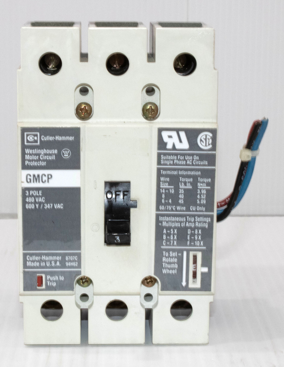 Cutler Hammer GMCP003A0C Breaker 3A 600V 3P AUX