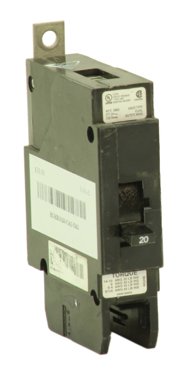 Eaton HGHB1020 Breaker 20A 277V 1P 25kA HACR Type