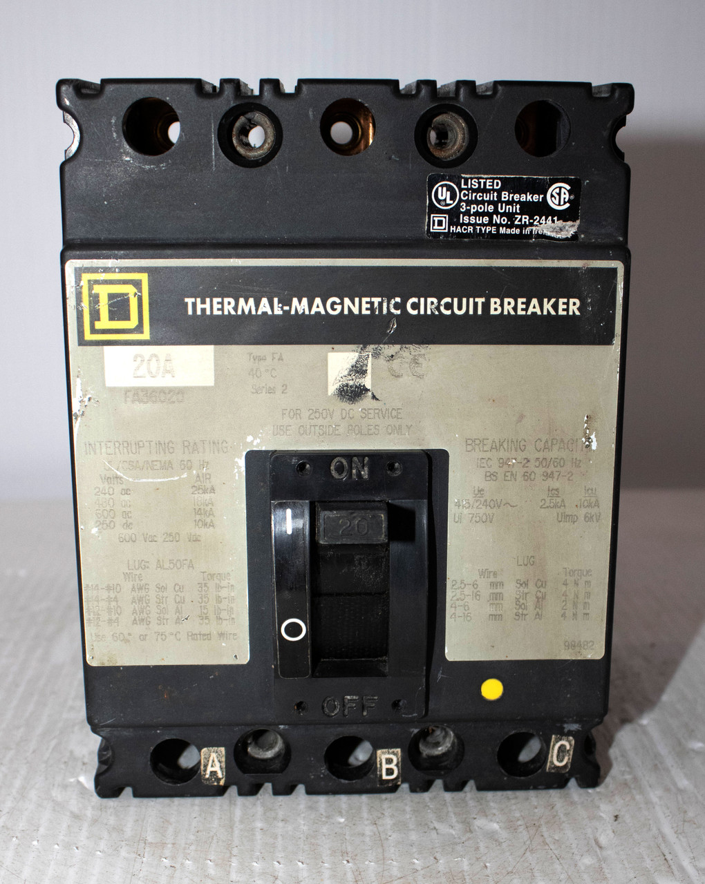 Square D FA36020 Breaker 20A 600V 3P Thermal Magnetic