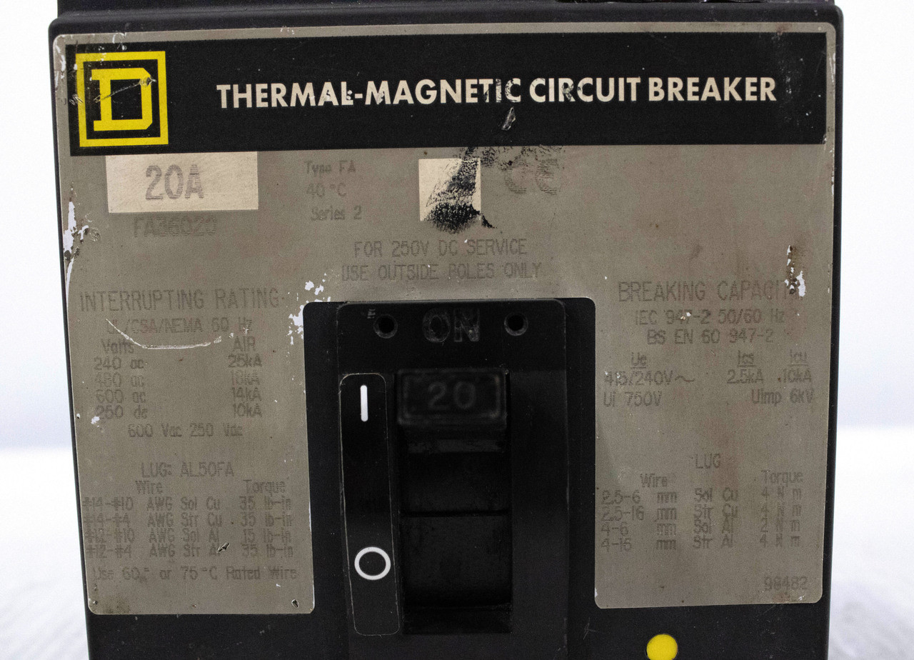 Square D FA36020 Breaker 20A 600V 3P Thermal Magnetic
