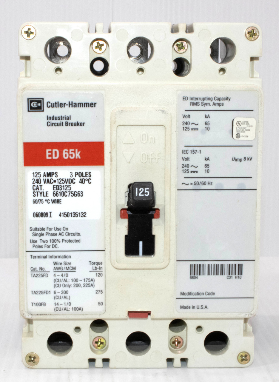 Cutler Hammer ED3125 Breaker 125A 240V 3P 65KA LI - Long-Time and Instantaneous