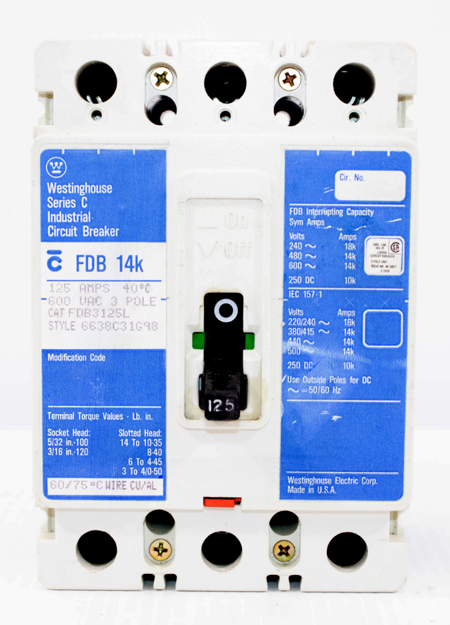 Westinghouse FDB3125L Breaker 125A 600V 3P 14KA Fixed Thermal Magnetic Trip