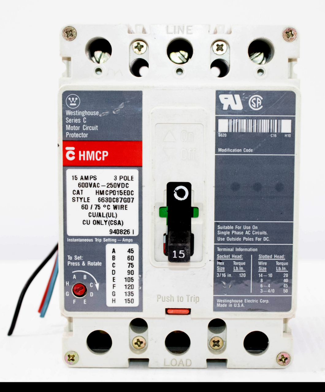 Westinghouse HMCP015E0C Breaker 15A 600V 250VDC 3P AUX Magnetic Only