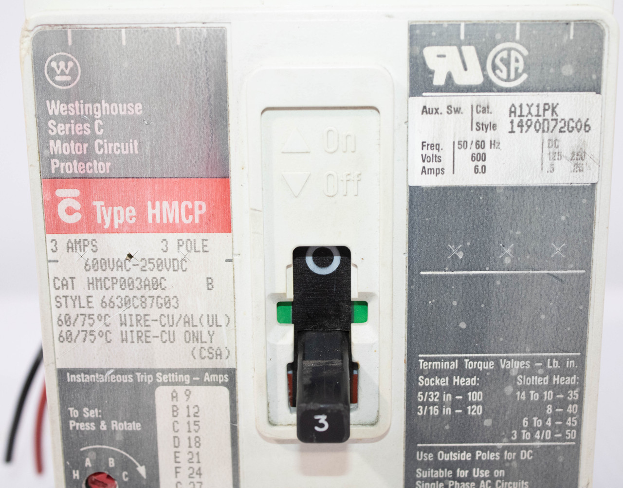 Westinghouse HMCP003A0C Breaker 3A 600V 250VDC 3P Trip Setting AUX Switch