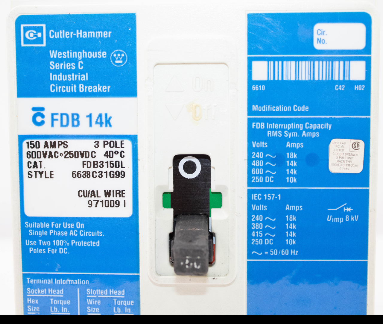 Cutler Hammer FDB3150L Breaker 150A 600V 250VDC 3P 3PH 14KA Thermal Magnetic