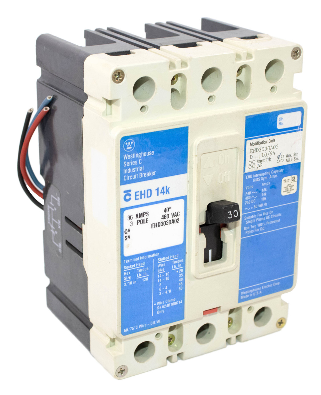Westinghouse EHD3030A02 Breaker 30A 480V 3P 14KA Fixed Thermal Magnetic Trip