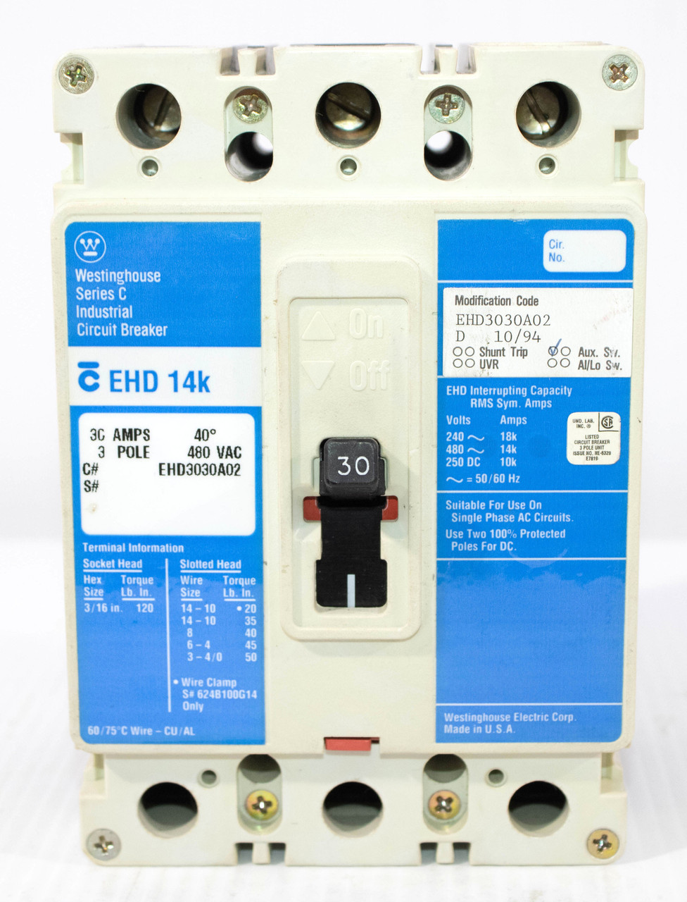 Westinghouse EHD3030A02 Breaker 30A 480V 3P 14KA Fixed Thermal Magnetic Trip