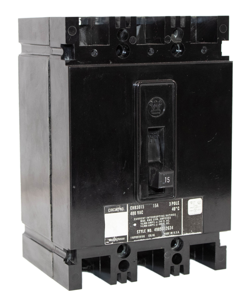 Westinghouse EHB3015 Breaker 15A 480V 3P 14KA Long-Time and Instantaneous