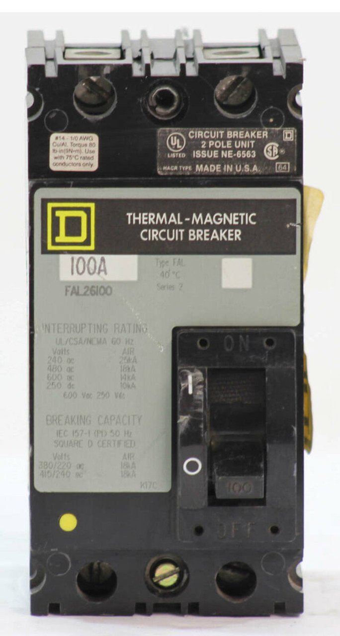 Square D FAL26100 Breaker 100A 600V 2P 14kA Thermal Magnetic