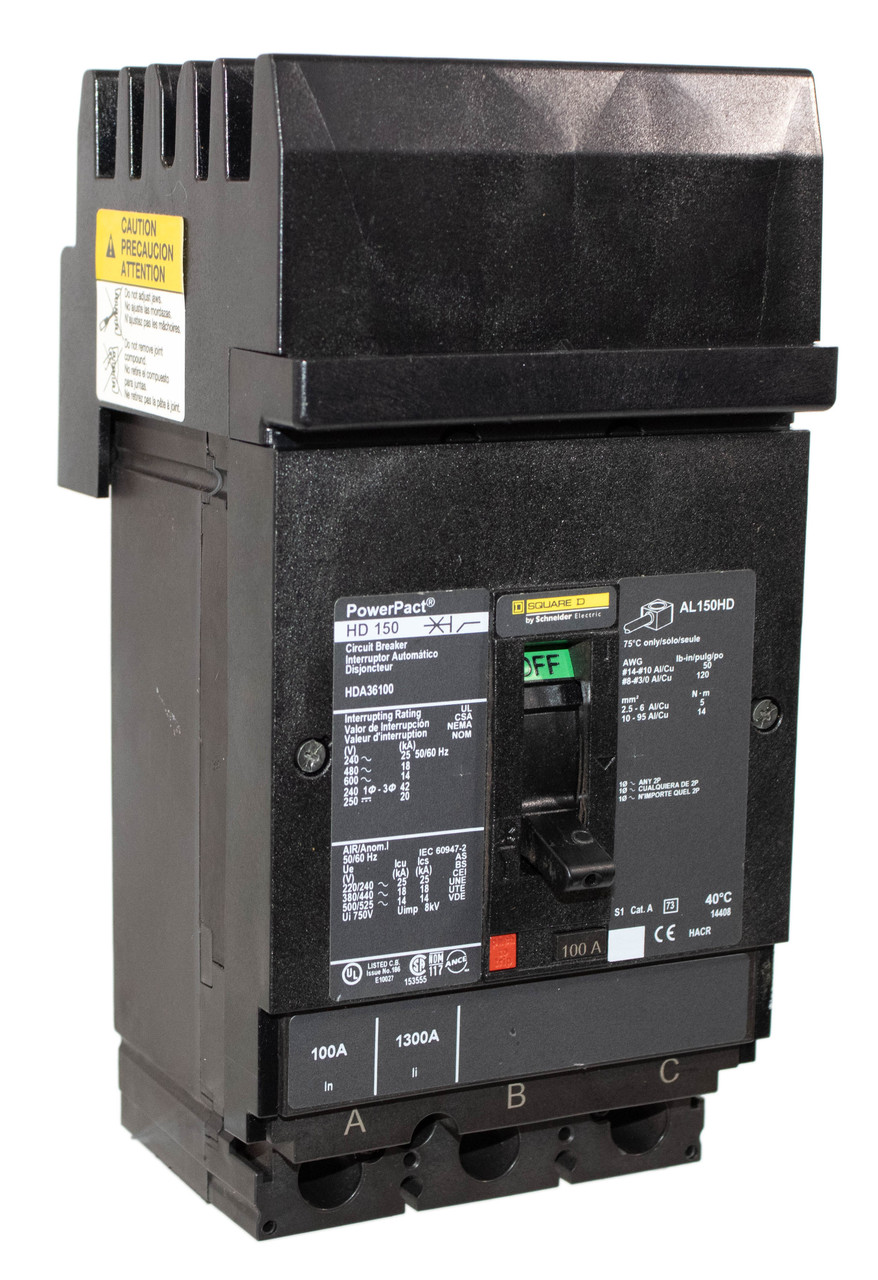 Square D HDA36100 Breaker 100A 600V 3P 3PH 14KA Long-Time and Instantaneous
