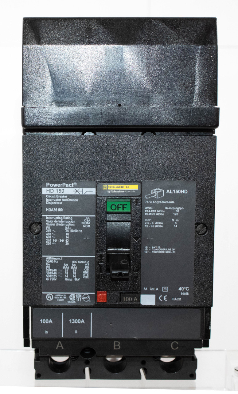 Square D HDA36100 Breaker 100A 600V 3P 3PH 14KA Long-Time and Instantaneous