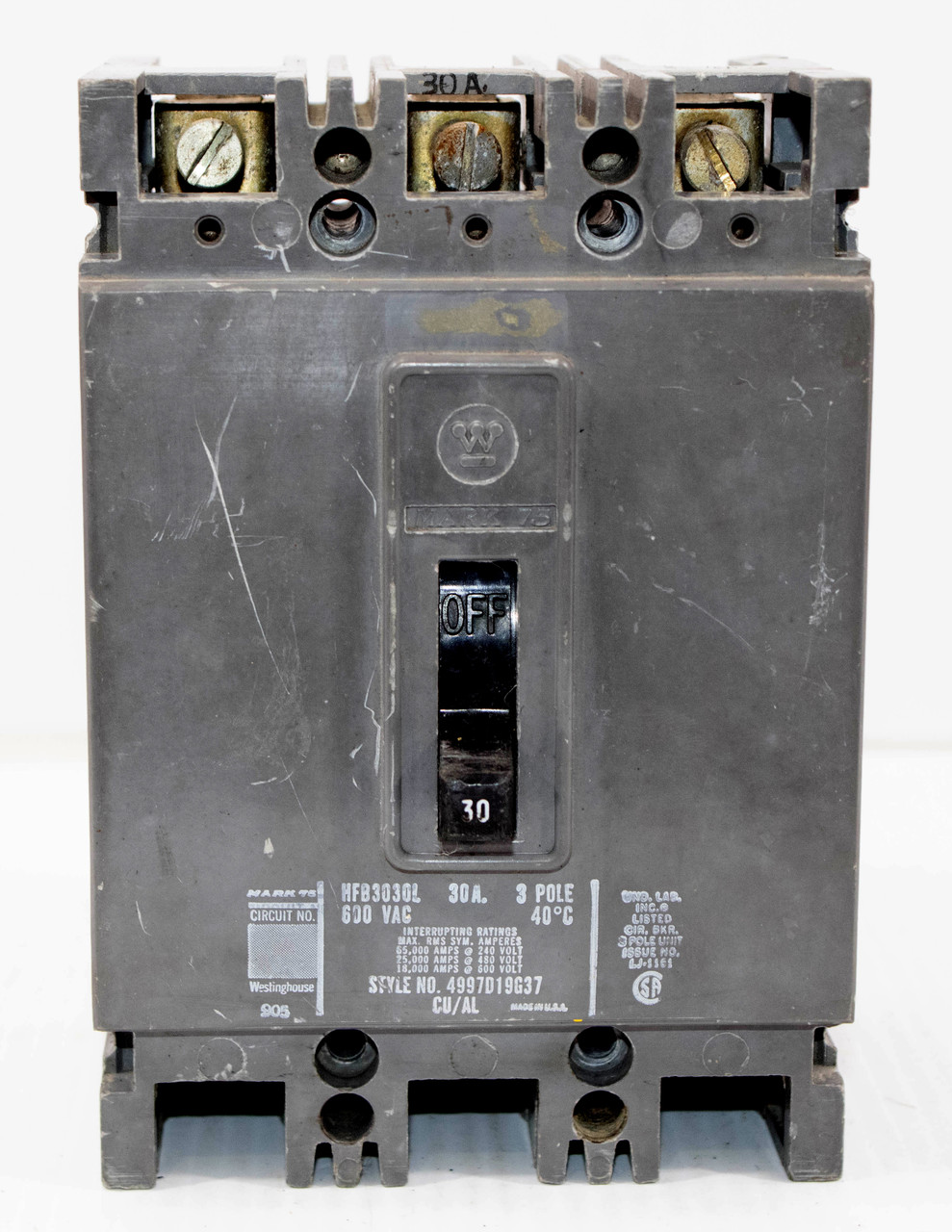 Westinghouse HFB3030L Breaker 30A 600V 3P 18KA