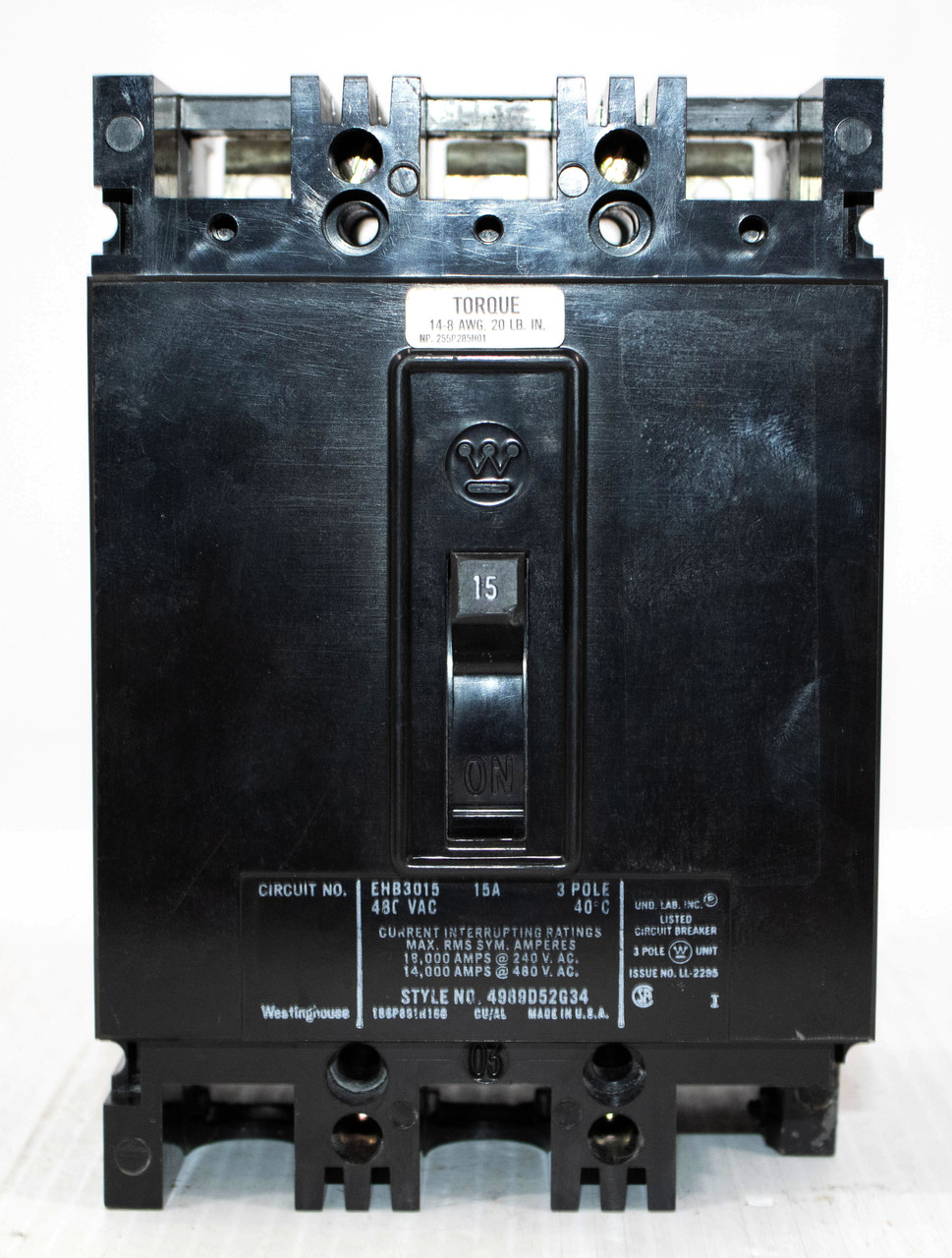 Westinghouse EHB3015 Breaker 15A 480V 3P 14KA