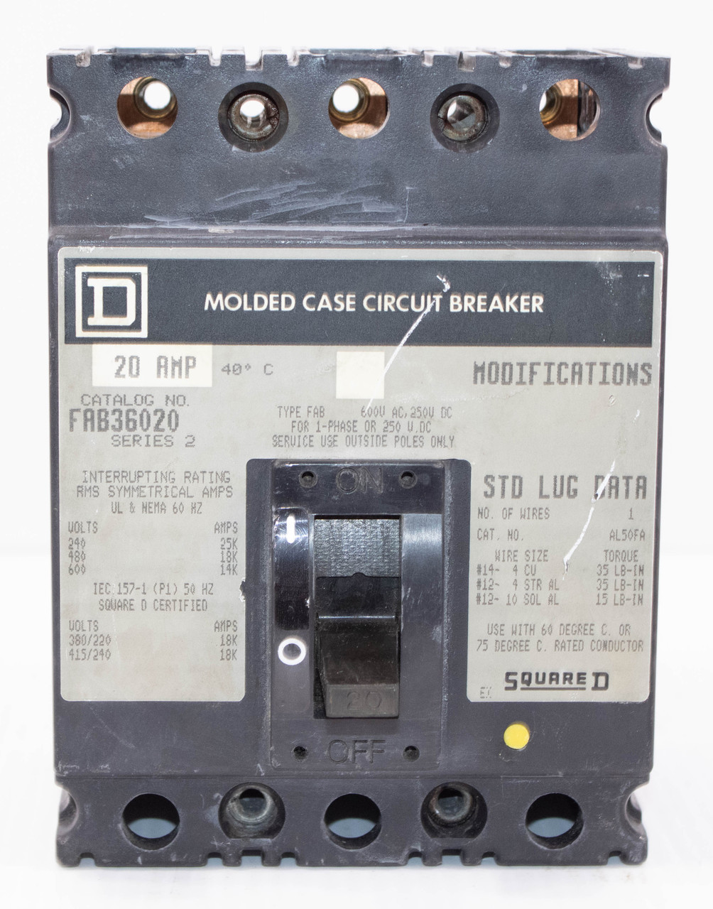 Square D FAB36020 Breaker 20A 600V 3P 14KA I-Line Thermal Magnetic