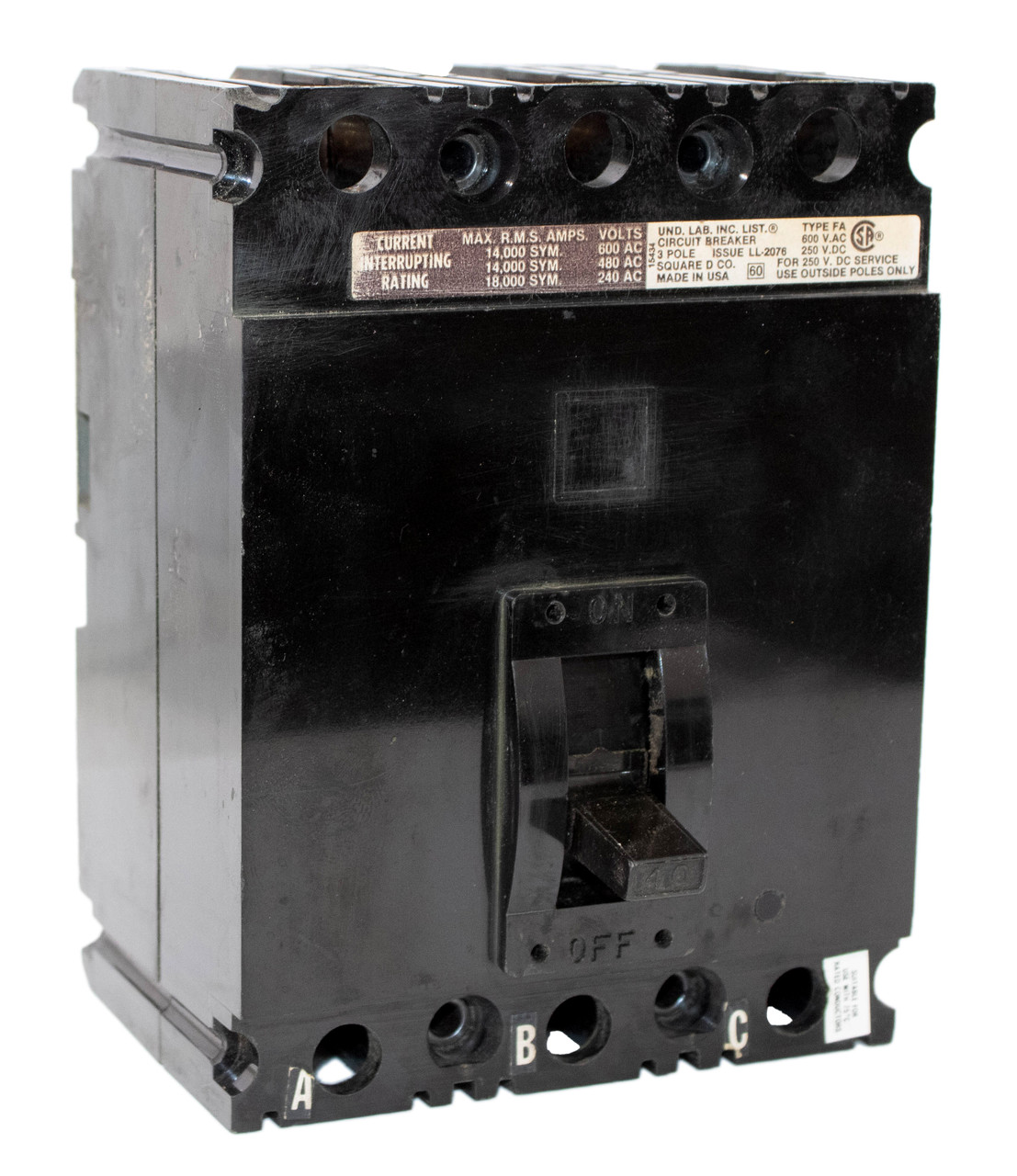 Square D FA36040 Breaker 40A 600V 3P 3PH 14kA Thermal Magnetic I-Line LI