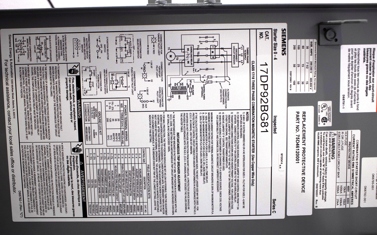 Siemens 17DP92BG81 Motor Starter Panel Disconnect Non Fusible