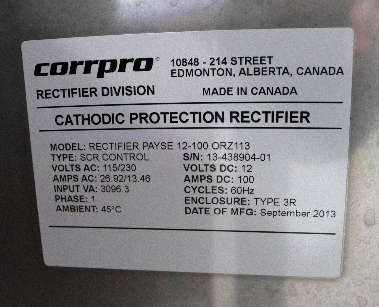 Corrpro PAYSE 12-100 ORZ113 Rectifier Cathodic Protection 26.92A 115/230V 1PH