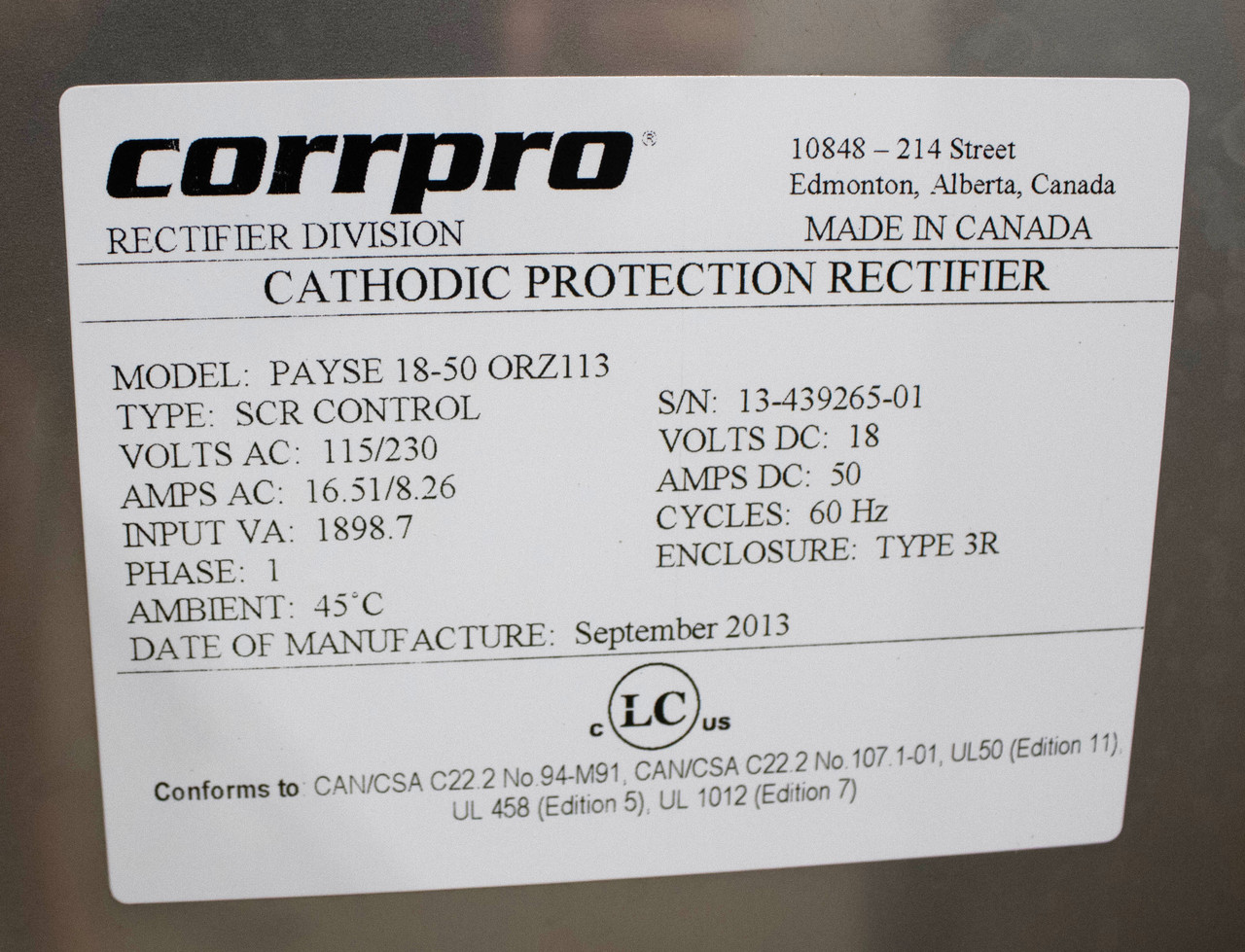 Corrpro Payse 18-50 ORZ113 Rectifier Cathodic Protection 18vdc 50A DC