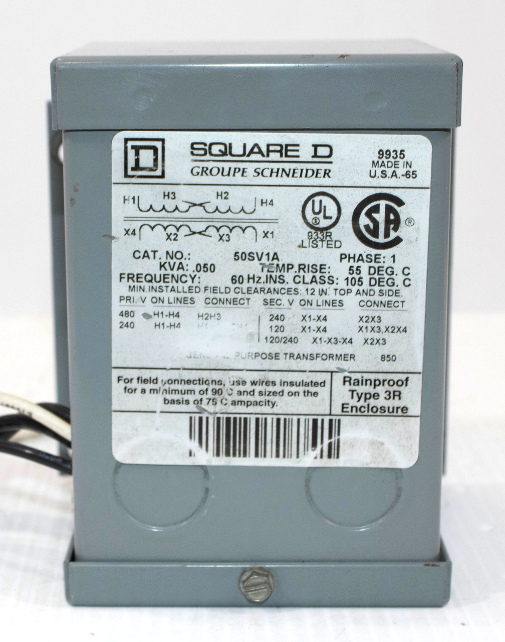 Square D 50SV1A Transformer 0.05kVA P:240/480V S:120/240V 1PH