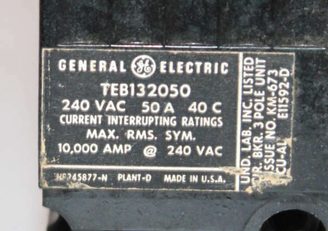 General Electric TEB132050 Breaker 50A 240V 3P 10KA