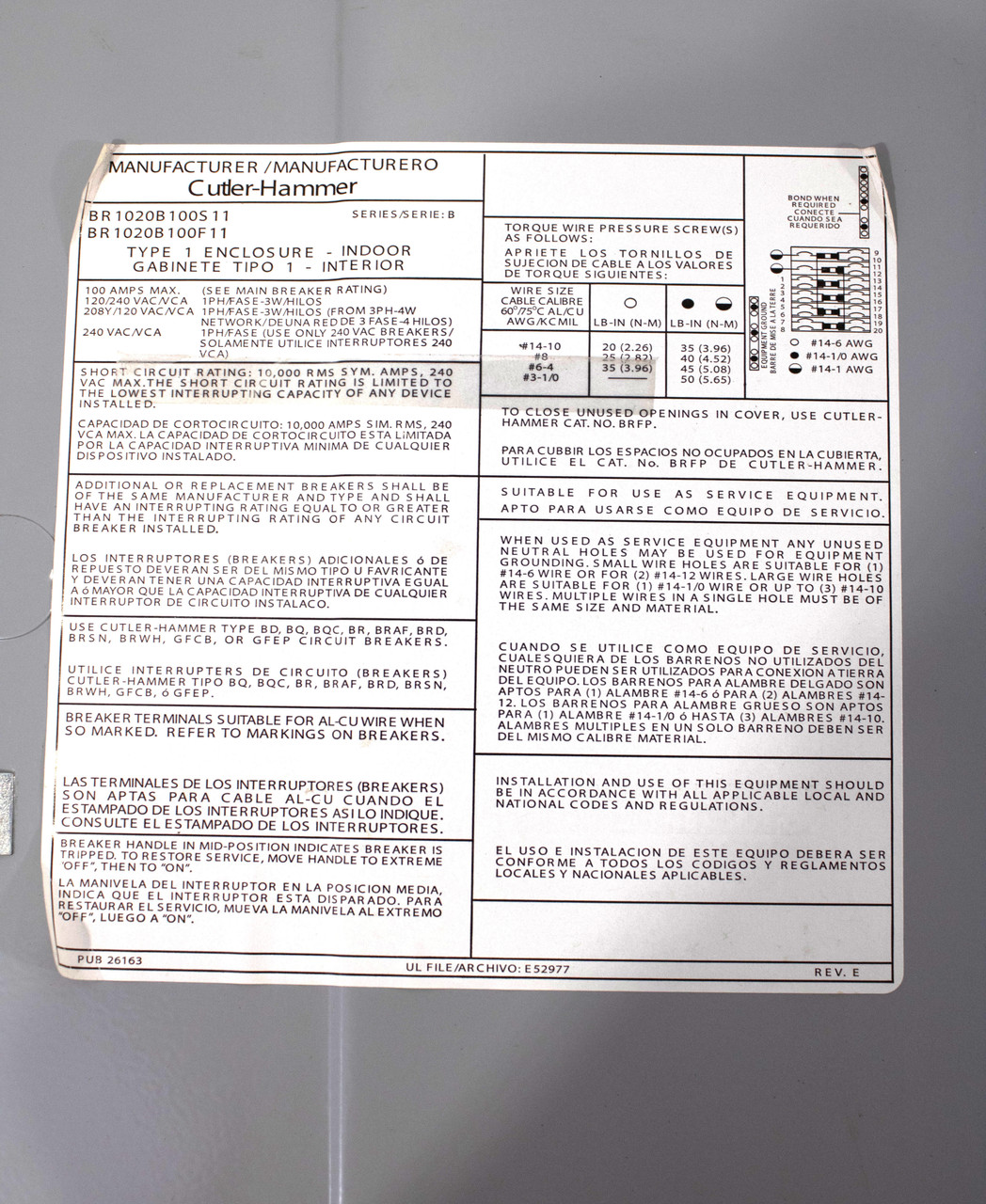 Cutler Hammer BR1020B100S11 Main Breaker Panel 100A 120/240V 1PH NEMA1 10kA