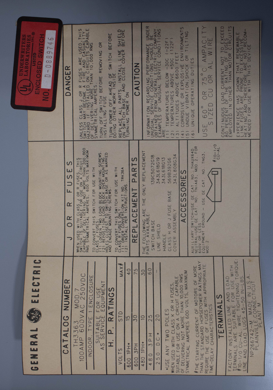 General Electric TH3363 Disconnect Safety Switch 100A 600V 3P 3PH 200KA Fusible