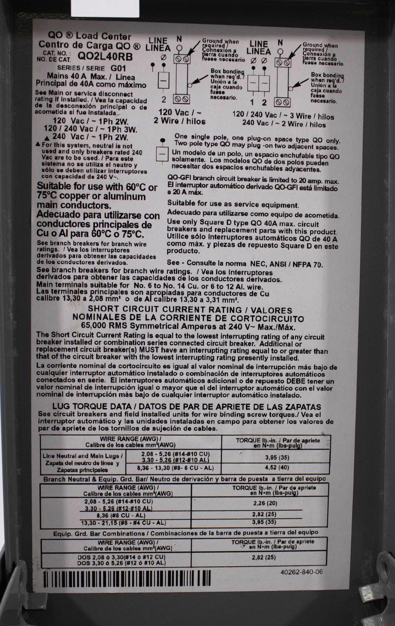 Square D QO2L40RB Breaker Load Center 40A 240V 65KA 3W