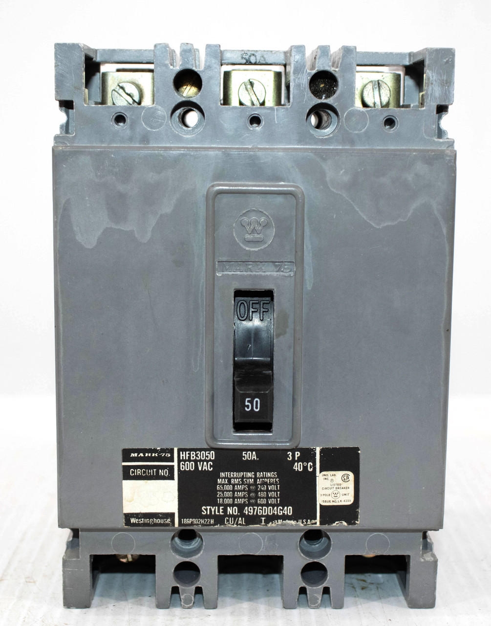 Westinghouse HFB3050 Breaker 50A 600V 3P 18KA *** Parts Only