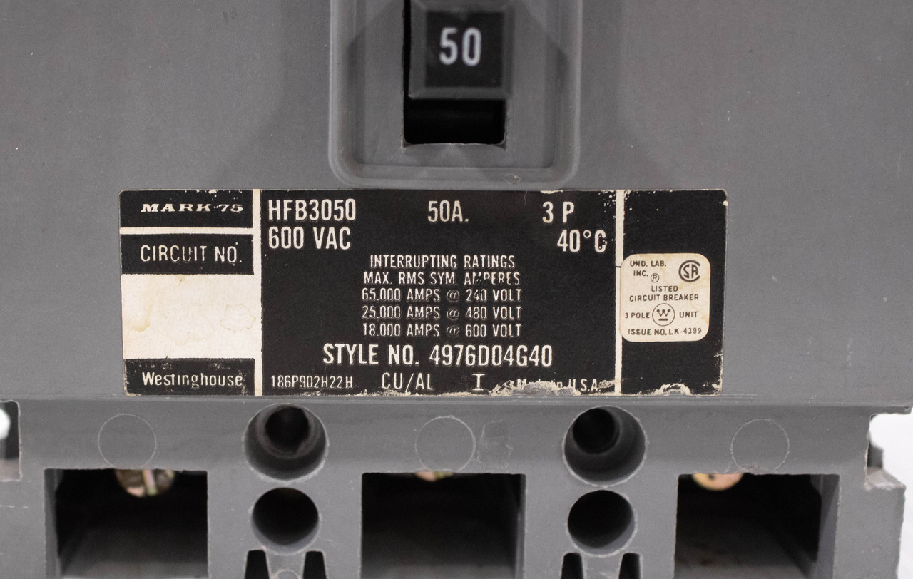 Westinghouse HFB3050 Breaker 50A 600V 3P 18KA *** Parts Only