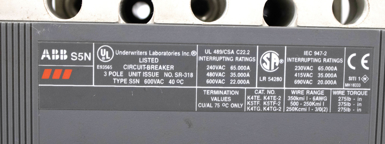ABB S5N-3P-300A Breaker 300A 600V 3P 22KA SACE S5 SN5