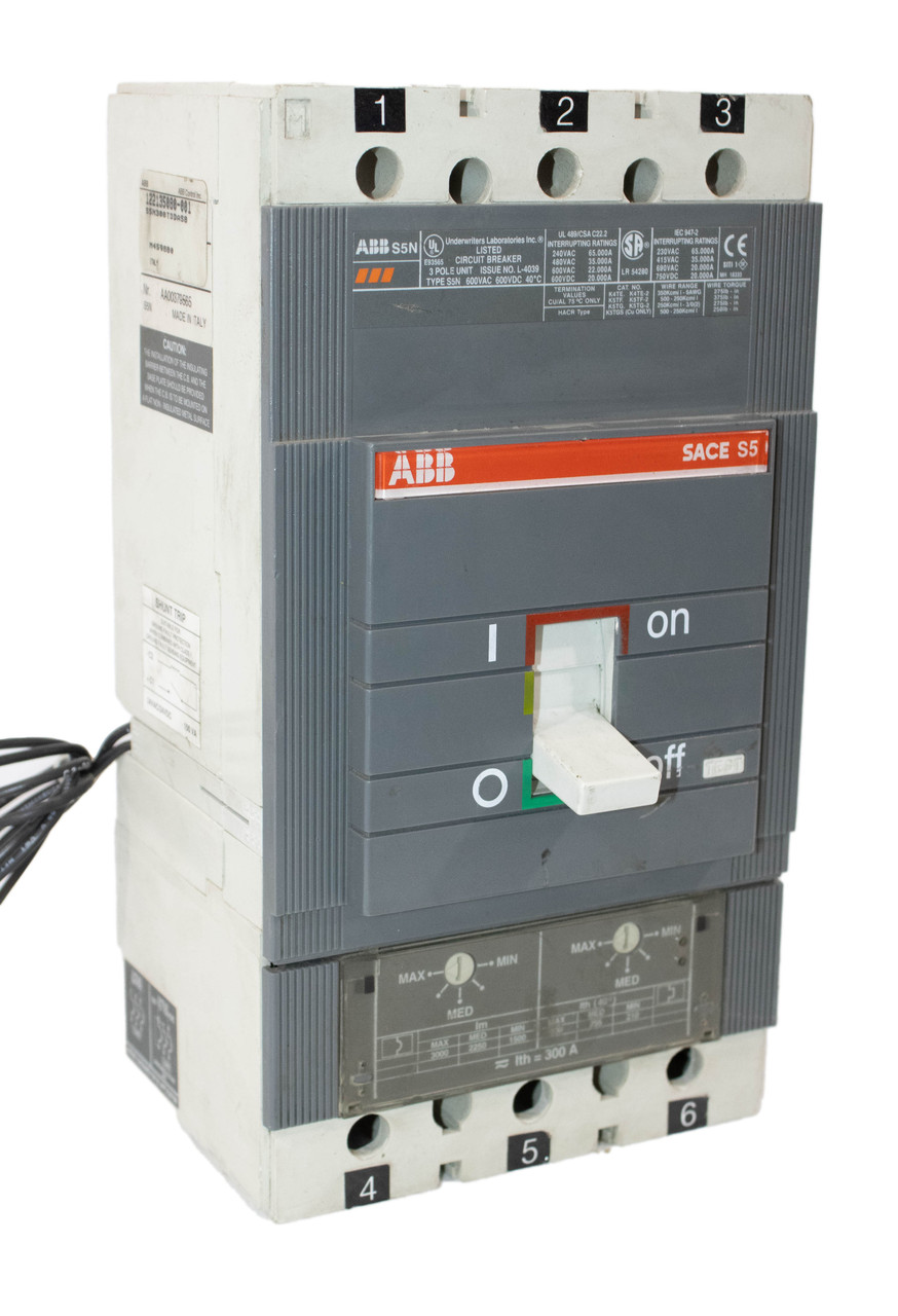 ABB S5N-3P-300A Breaker 300A 600V 3P 22KA SACE S5 SN5 Shunt + Auxiliary