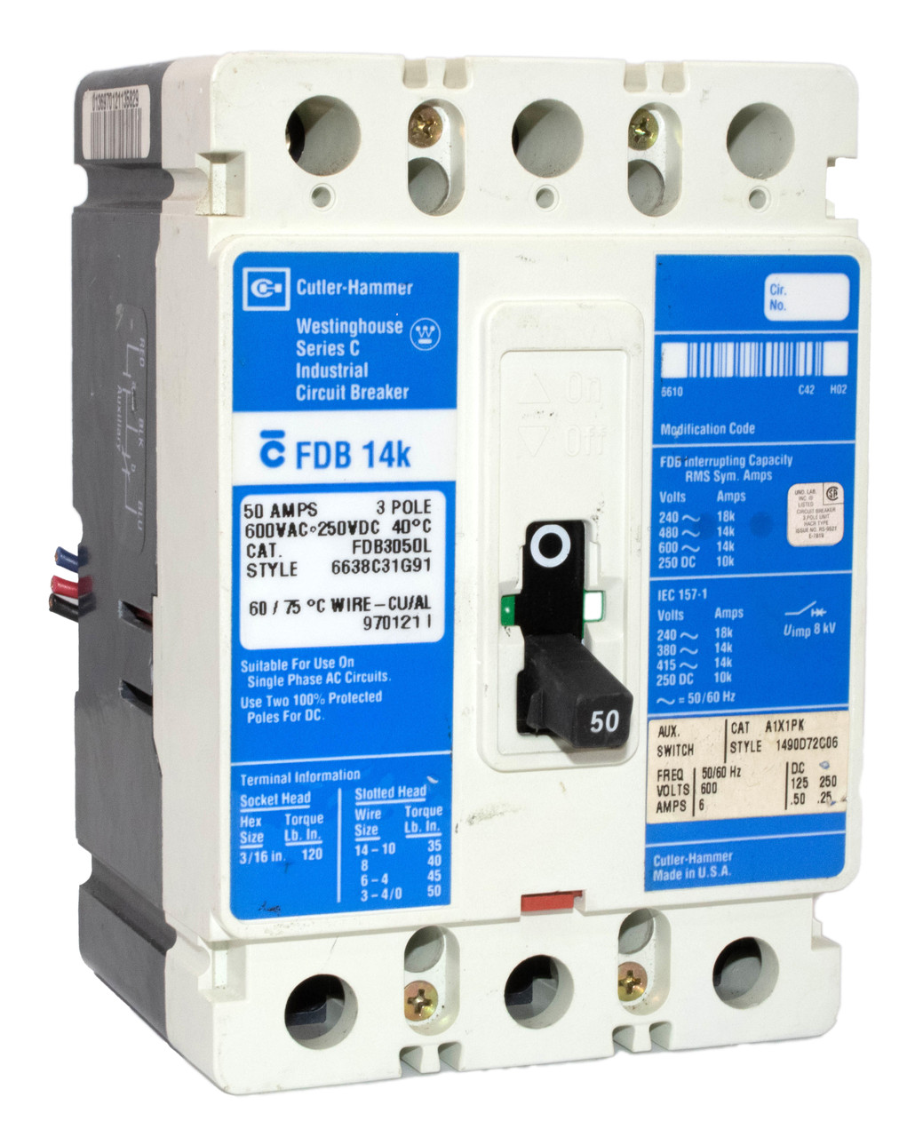 Westinghouse FDB3050L Breaker 50A 600V 3P 14kA FDB 14k Auxiliary